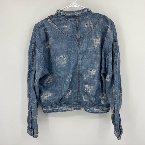 Free People Distressed Denim Bomber Tennis Jacket Small - Picture 6 of 12